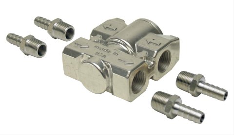 Derale Fluid Control Thermostats 13011 Remote Oil Thermostat, Aluminum, Dual 3/8 in. NPT Female Inlets, Dual 3/8 in. NPT Female Outlets, Each