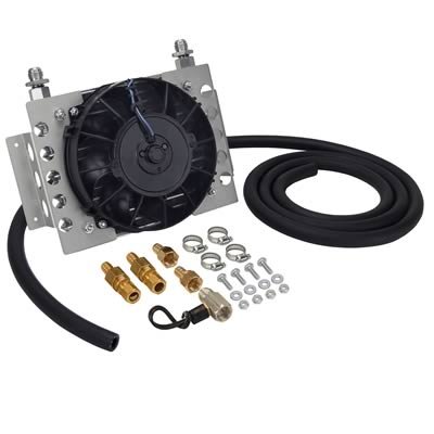 Derale Atomic-Cool Remote Fan-Mounted Oil Coolers 15950 Fluid Cooler, Fan, Plate Type, Aluminum, Black, 9-3/8 in. x 12-3/4 in. x 4-5/16 in., -8 AN Inlet, Outlet, Kit