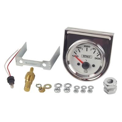 Derale Analog Gauges 13009 Gauge, Transmission/Oil Temp. 140-300 Degrees F, White Face/Chrome Bezel, 2 1/16 in., Analog, Electrical, Each