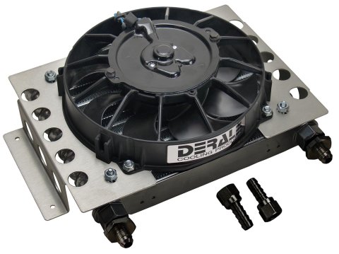 Derale Atomic-Cool Remote Fluid Coolers 13750 Oil Cooler, 9 3/8 in. x 12 3/4 in. x 4 5/16 in. Cooler, 8 in. Fan, Black, -6 AN Male, Kit