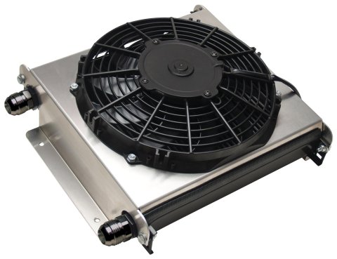Derale Hyper-Cool Extreme Remote Fluid Coolers with Fan 15876 Cooler, Fan, Plate Type, Aluminum, 800 cfm, 14.875 x 13 x 5.625 in. Overall, -12 AN Inlet/Outlet, Kit