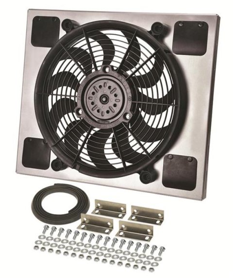 14 Inch 2,100 CFM Derale High-Output Single RAD Fan and Shroud Kit 16817 Electric Fan, Single, in. Dia, 2 Speed Fan, w/Shroud, 16.375 in. H, 17.00 in. W, 2.75 in. Thick, Each.
