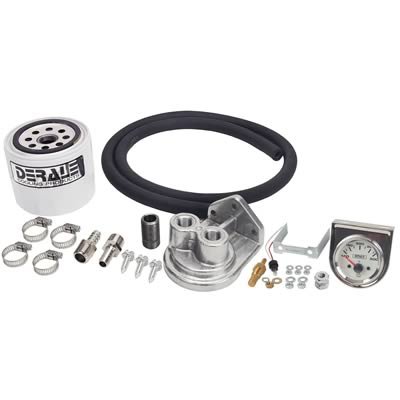 Derale Standard Automatic Transmission Filter Kits 13091 Auxilary Filter, Remote Canister Type, Temperature Gauge, Mount, Hardware, Fittings, Hose