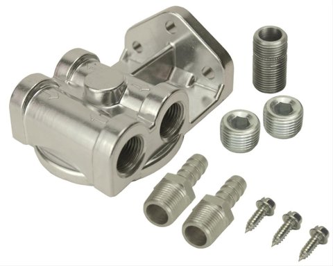 Derale Remote Filter Mounts 13049 Oil Mount, Single Filter, Dual 3/8 in. NPT Inlet/Outlet, 3/4 in.-16 Thread Filter, Aluminum, Each