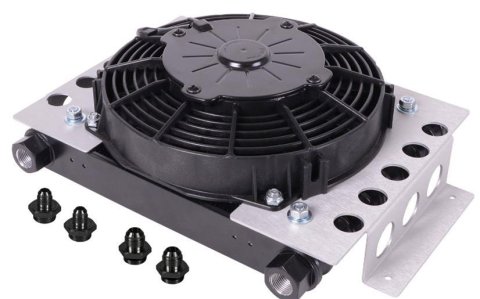 Derale Atomic-Cool Remote Fan-Mounted Oil Coolers 13754 Fluid Cooler, Fan, Plate Type, Aluminum, Black, 9-3/8 in. x 12-3/4 in. x 3-15/16 in., Each