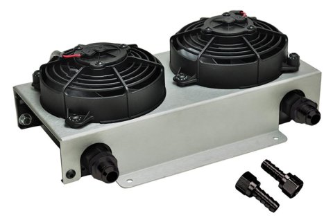 Derale Hyper-Cool Remote Fluid Coolers with Fan Kits 15845 Cooler, Remote, Plate, Aluminum, Black, -10 AN Male Inlet/Outlet, Dual Fan, 630 cfm, Kit