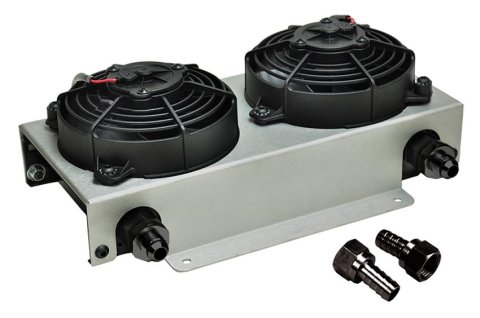 Derale Hyper-Cool Remote Fluid Coolers with Fan Kits 15840 Cooler, Remote, Plate, Aluminum, Black, -8 AN Male Inlet/Outlet, Dual Fan, 630 cfm, Kit