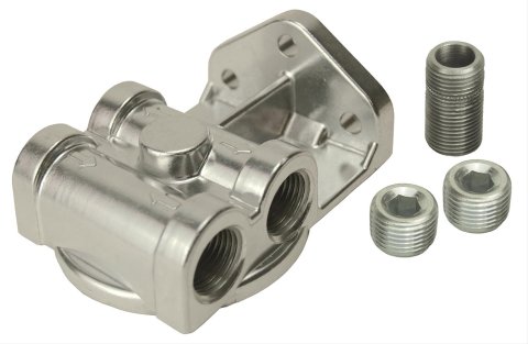 Derale Remote Filter Mounts 25729 Oil Mount, Single Filter, Dual 1/2 in. NPT Inlet/Outlet, 13/16 in.-16 Thread Filter, Aluminum, Each