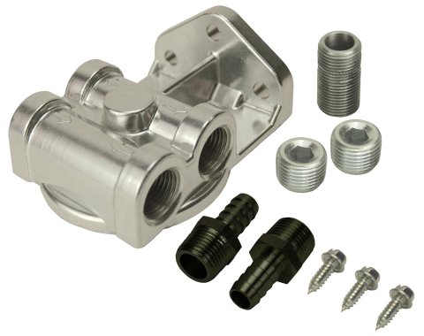 Derale Remote Filter Mounts 15729 Oil Mount, Single Filter, Dual 1/2 in. NPT Inlet/Outlet, 13/16 in.-16 Thread Filter, Aluminum, Each