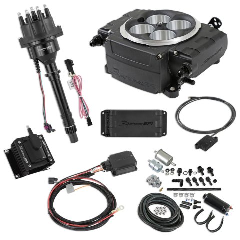 Holley Sniper 2 EFI 650 HP Inline Pump Fuel Injection Systems with Power Distribution Module 550-511-BPK-SBC System, 2, Self-Tuning, Throttle body, Black, 4150 Flange, hp Max, 800 CFM, Pump, PDM, Bluetooth, Chevy, Kit