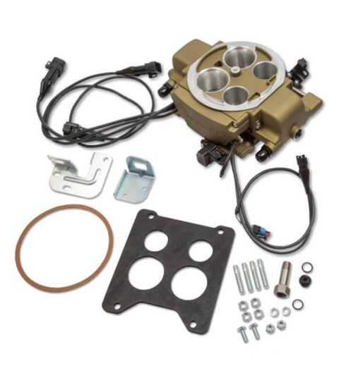 Holley Sniper EFI Quadrajet Self-Tuning Fuel Injection Systems 550-869K Systems, EFI, Quadrajet, Throttle Body, Gold, Spread Bore Flange, Injectors, Pump, 255 lph, Regulator, Harness, Tuner, Kit