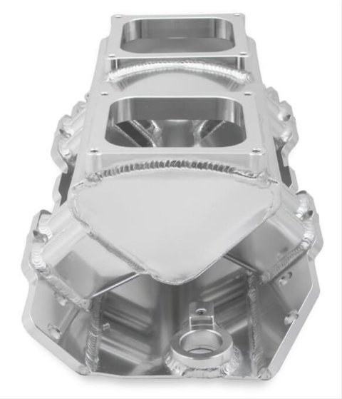 Holley Sniper Carbureted Fabricated Intake Manifolds 835171 Manifolds, Sniper, Carbureted, Dual, 4500 Flange, Rectangular Port, 1,800-7,000 RPM, Welded Aluminum, Silver, Chevy, 396-454ci, Each