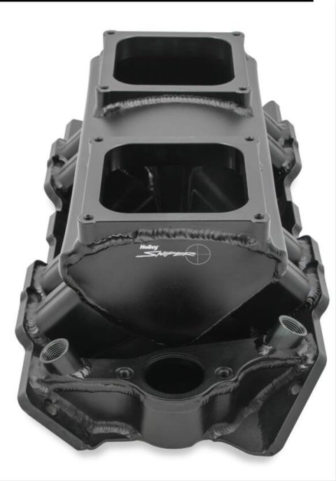 Holley Sniper Carbureted Fabricated Intake Manifolds 835172 Manifolds, Sniper, Carbureted, Dual, 4500 Flange, Rectangular Port, 1,800-7,000 RPM, Welded Aluminum, Black, Chevy, 396-454ci, Each