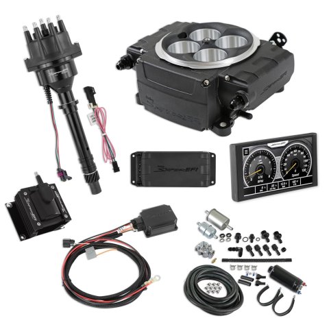 Holley Sniper 2 EFI 650 HP Inline Pump Fuel Injection Systems with Power Distribution Module 550-511-5PK-SBC System, 2, Self-Tuning, Throttle body, Black, 4150 Flange, hp Max, 800 CFM, Pump, PDM, 5.0 in. Display, Chevy, Kit