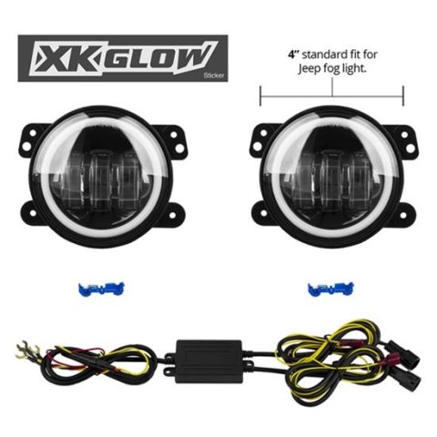 XK Glow LED Fog Light Kits XK042006 Auxiliary Lights, Two Lights, Round, White/Amber Bulb, Clear Lens, 10-30 V, Black Housing, 4 in. Diameter, Jeep, Kit
