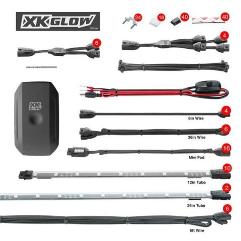 XK Glow XKchrome LED Underglow Light Kits XK-UTV-STA 2x24-in. Tube + 10x12-in. Tube + 16xPods Million Color XKCHROME Smartphone App Controlled Offroad UTV Kit