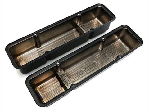 Trans-Dapt Performance Products Valve Covers 8677 CHEVY 350 LOGO TALL ASPHALT BLACK POWDER COATED VALVE COVERS