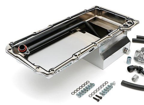 Trans-Dapt Performance Products Oil Pans 0183 Pan & Filter Kit, LS Engine Swap Pan & Remote Sngl Filter Base Combo Kit; Vertical Port, Chrome Pan 7Qt