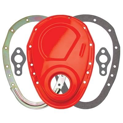Trans-Dapt Performance Timing Covers 9923 Cover; Chain Cover; Powdercoated Orange; Small Block Chevy; 2 Piece