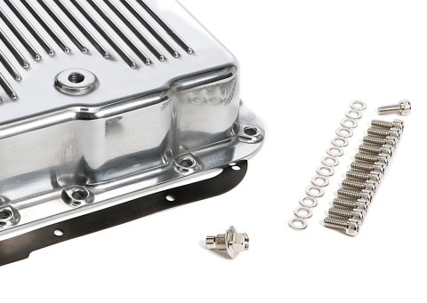 Trans-Dapt Performance Aluminum Transmission Pans 8898 Pan, Aluminum, Finned, Polished, Stock Capacity, GM, 700R4/4L60E/4L65E, Gasket, Chrome Bolts, Kit