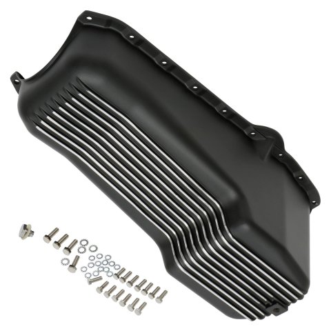 Trans-Dapt Performance Products Oil Pans 7424 Pan, Early Small Block Chevy Finned Aluminum Pan Black