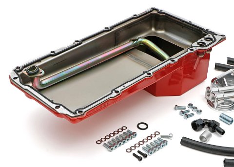 Trans-Dapt Performance Products Oil Pans 0177 Pan & Filter Kit, LS Engine Swap Pan & Remote Dbl Filter Base Combo Kit; Horizontal Port, Red Pan 5Qt