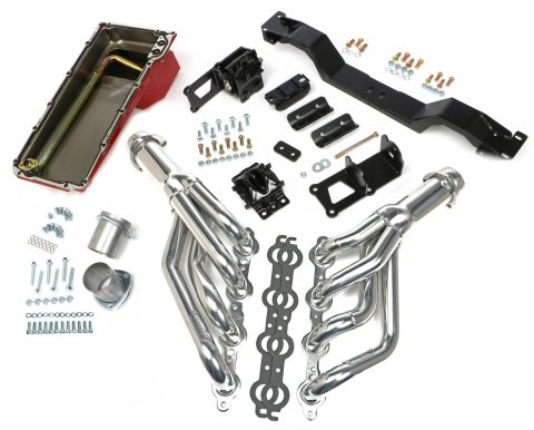 Trans-Dapt Performance Swap-In-A-Box Complete Engine Swap Kits 42035 Kits, Complete, Mid-length Silver Ceramic Coated Headers, Motor Mounts, Red Oil Pan, Chevy, Pontiac, Small Block LS, Kit