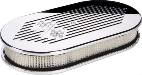 Billet Specialties Air Cleaners 15427 Filter Assembly, Large Oval, Aluminum, Polished, Checkered Flag Logo Design, 2 in. Filter Height, Each