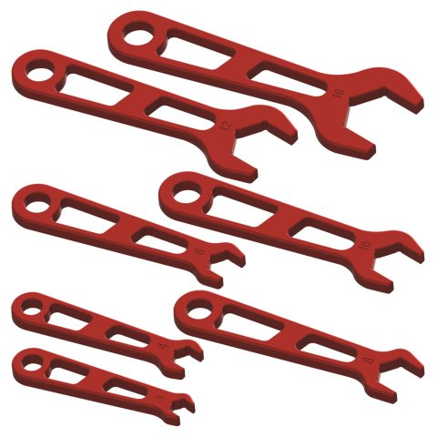 Billet Specialties AN Hose End Wrenches 67007 Wrenches, End, -16, -12, -10, -8, -6, -4, -3, 6061 T6 Aluminum, Red Anodized, Set of 7