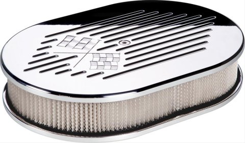 Billet Specialties Air Cleaners 15327 Filter Assembly, Small Oval, Aluminum, Polished, Checkered Flag Logo Design, 2 in. Filter, Each