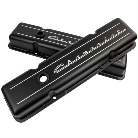 Billet Specialties Diecast Aluminum Valve Covers BLK95123 Cover, Aluminum, Perimeter Bolt, Chevrolet Logo, Black Powdercoated, Chevy, Small Block, Pair