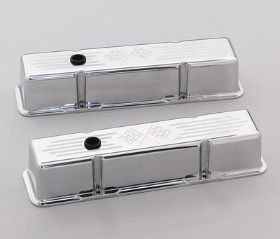 Billet Specialties Diecast Aluminum Valve Covers 95227 Covers, Tall, Aluminum, Polished, Cross Flags Logo, Chevy, Small Block, Pair