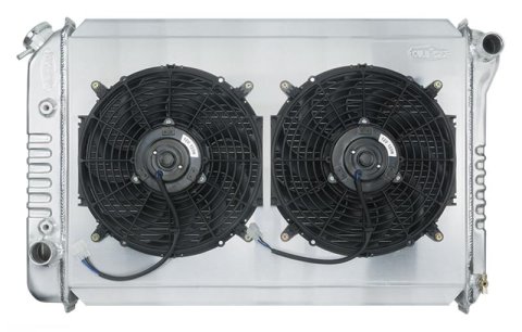 Cold Case Performance Aluminum Radiator Modules FOM578AK Radiator, Performance, Module, Aluminum, Polished, Downflow, 2 Row, Transmission Cooler, Dual 12 in. Fan, Ford, Kit
