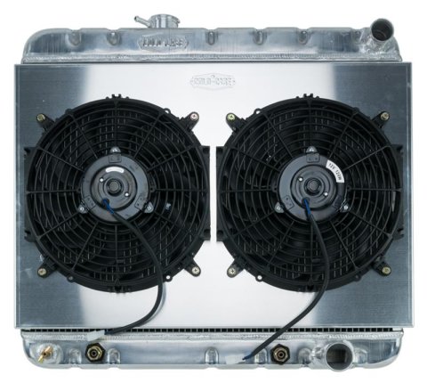 Cold Case Performance Aluminum Radiator Modules for 1965 GTO, LEMANS, TEMPEST - GPG20K Radiator, Performance, Module, Aluminum, Polished, Downflow, 2 Row, Dual 12 in. Fans, Pontiac, Kit