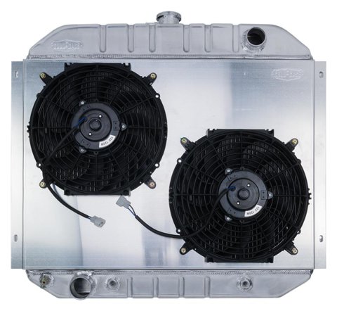 Cold Case Performance Aluminum Radiator Modules for 1978-1979 BRONCO, 1966-1977 F-100, 1975-1977 F-150 - FOT575AK Radiator, Performance, Module, Aluminum, Polished, Downflow, 2 Row, Transmission Cooler, Dual 12 in. Fan, Ford, Kit