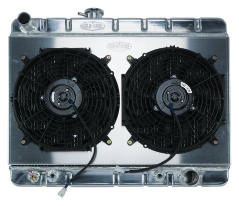 Cold Case Performance Aluminum Radiator Modules for 1966-1967 GTO, LEMANS, TEMPEST - GPG38AK Radiator, Performance, Module, Aluminum, Polished, Downflow, 2 Row, Transmission Cooler, Dual 12 in. Fans, Pontiac, Kit