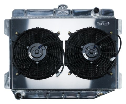 Cold Case Performance Aluminum Radiator Modules MOP754K Radiator, Performance, Module, Aluminum, Polished, Downflow, 2 Row, Dual 12 in. Fans, Dodge, Plymouth, Kit