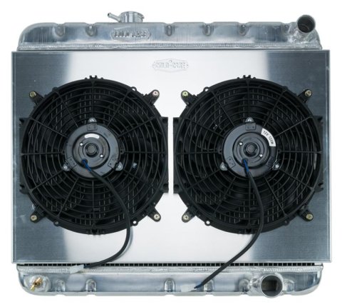 Cold Case Performance Aluminum Radiator Modules for 1964-1965 GTO, LEMANS, TEMPEST - GPG22K Radiator, Performance, Module, Aluminum, Polished, Downflow, 2 Row, Dual 12 in. Fans, Pontiac, Kit