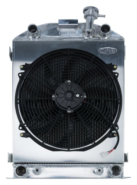 Cold Case Performance Aluminum Radiator Modules for 1932 MODEL B - STF906AK Radiator, Performance, Module, Aluminum, Polished, Downflow, 2 Row, Transmission Cooler, Single 16 in. Fan, Ford, Ford Flathead, Kit