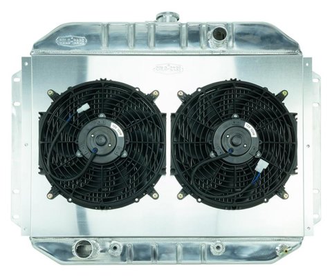 Cold Case Performance Aluminum Radiator Modules for 1961-1964 F-100, F-250, F-350 - FOT577AK Radiator, Performance, Module, Aluminum, Polished, Downflow, 2 Row, Transmission Cooler, Dual 12 in. Fan, Ford, Kit
