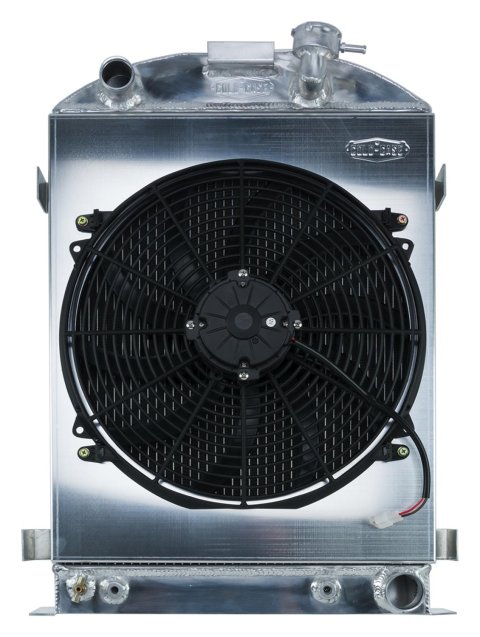 Cold Case Performance Aluminum Radiator Modules for 1932 MODEL B - STF902A-1K Radiator, Performance, Module, Aluminum, Polished, Downflow, 2 Row, Transmission Cooler, Single 16 in. Fan, Ford, Chevy Small Block, Kit