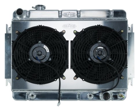 Cold Case Performance Aluminum Radiator Modules for 1966-1967 CHEVELLE, EL CAMINO - CHE542AK Radiator, Performance, Module, Aluminum, Polished, Downflow, 2 Row, Transmission Cooler, Dual 12 in. Fans, Chevy, Kit