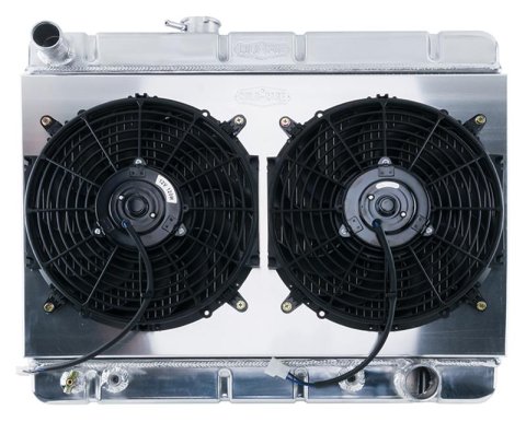 Cold Case Performance Aluminum Radiator Modules for 1966-1967 GTO, LEMANS, TEMPEST - GPG38ASK Radiator, Performance, Module, Aluminum, Polished, Downflow, 2 Row, Transmission Cooler, Dual 12 in. Fans, Heavy Duty, Pontiac, Kit
