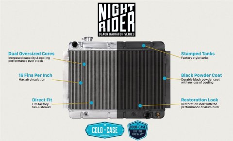 Cold Case Night Rider Series Performance Aluminum Radiators for 1967-1969 COUGAR, 1967-1970 MUSTANG - FOM587B Radiator, Performance, Aluminum, Black, Downflow, 2 Row, With A/C, Ford, Each