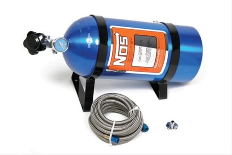 NOS Nitrous Bottle Kits 14761NOS Kit; Incl. Electric Blue Finish 10 lb. Bottle; Hi-Flow Valve; Nut; PTFE Washer; 16 ft