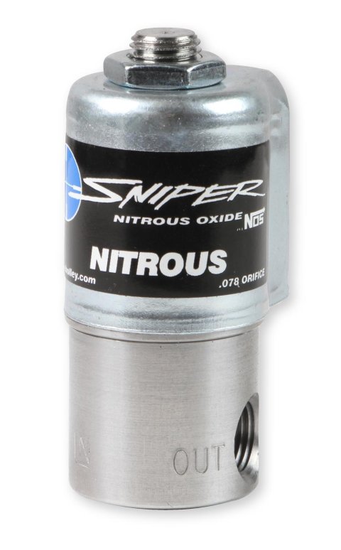 NOS Sniper Nitrous Oxide Solenoids 18015NOS Solenoid, Sniper, 200 hp Flow Limit, 6.30 Amp Draw, 1/8 in. NPT Female Threads Inlet/Outlet, Each