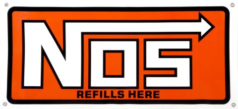 NOS Refills Here Banners 19304NOS Banner, Nitrous Logo, Nylon, White, 18 in. Length x 36 in. Width, with Grommets, Each