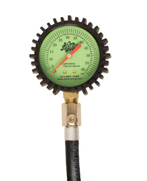 JOES Racing Products Glow-In-The-Dark Tire Pressure Gauges 32307 Gauge, Glow-In-The-Dark, Analog, 0 - 60 psi, Green Face, 2.50 in. Diameter, 17 in. Hose Length