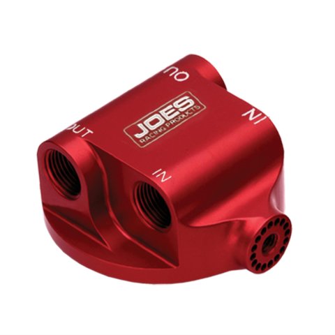 JOES Racing Products Remote Oil Filter Mounts 42510 Mount, Remote, Single, Billet Aluminum, Red, 1/2 in. NPT Female Threads Inlet and Outlet, Each