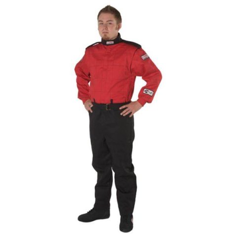 G-FORCE GF525 Driving Suits 4525MEDRD Suit, GF525, One-Piece, Multiple Layer, Pyrovatex, Medium, Red Top, Black Bottom, Each
